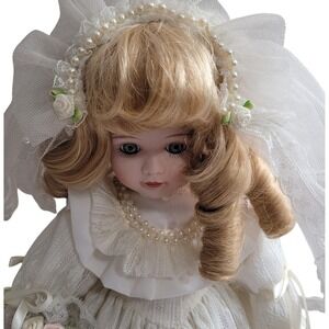 Vtg Porcelain Bride Doll Blonde Lace Wedding Dress Pearls 18" Romantic w/Stand